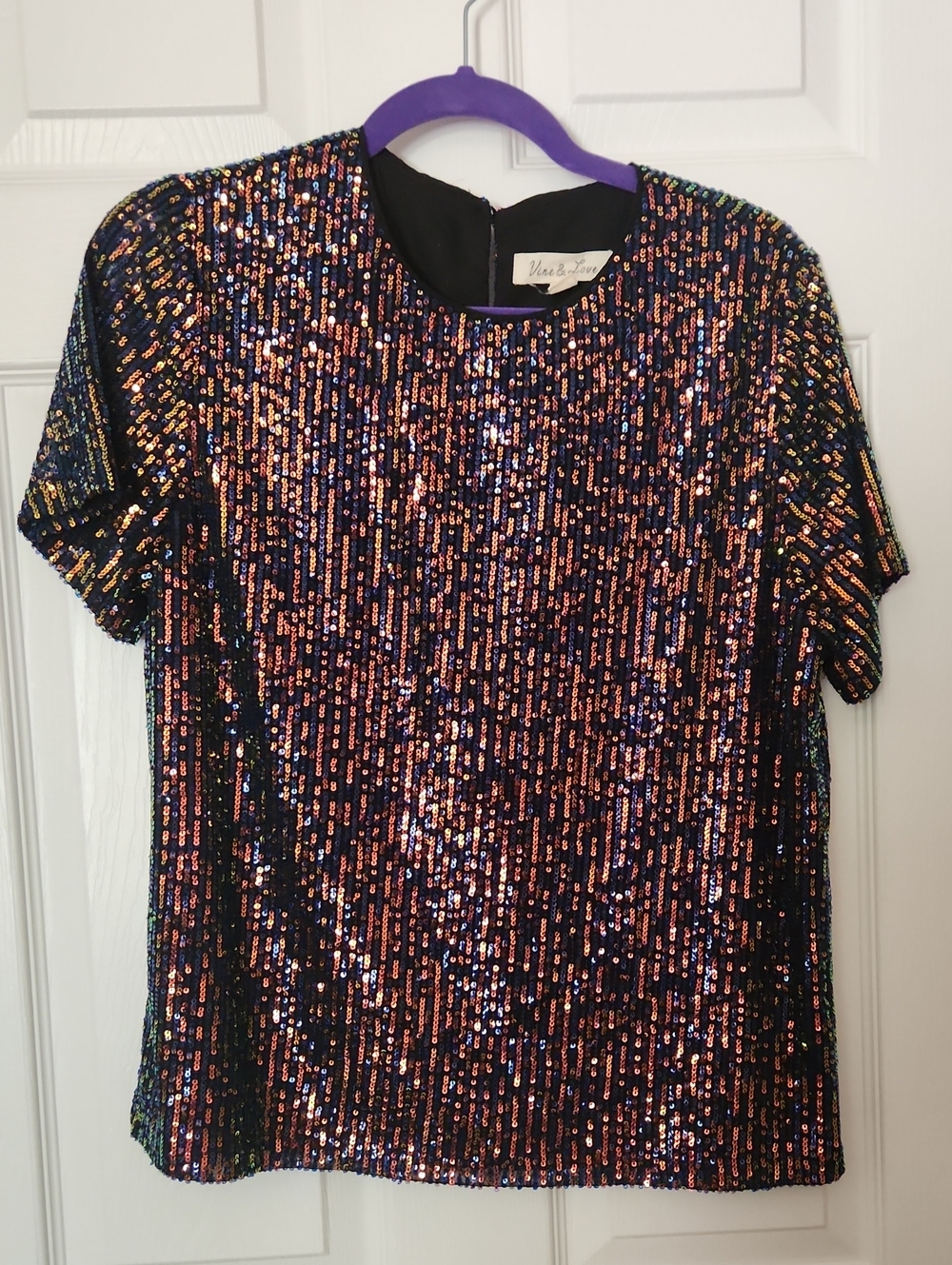 Chic Rave Party Vine & Love Navy Multicolor Sequin Short Sleeve Top